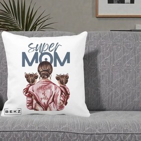 Cadou pentru Mama - Perna Personalizata Super Mom of Girls Mama cu Gemene, 40x40 cm, Alba Mata, Husa Detasabila, Perna Inclusa, BEKZ®