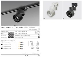 Spot LED directionabil pe sina Costa TRACK 3Line 12W 4000K alb