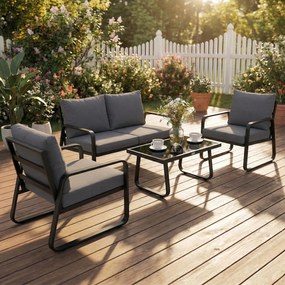 Outsunny Set mobilier de grădină 4 piese cu perne detașabile foarte groase 10 cm masă de cafea din sticlă securizată Negru | Aosom Romania