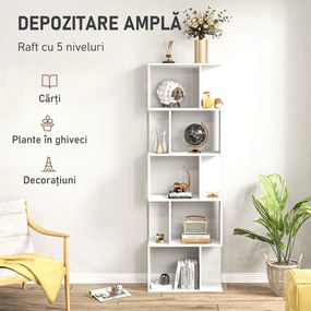 HOMCOM Raft pentru Cărți cu 5 Rafturi Separate, Bibliotecă în Formă de S din Lemn, 60x24x184,5 cm, Alb | Aosom Romania