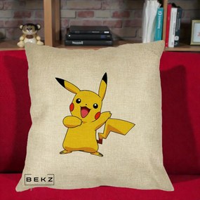 Perna Personalizata Pikachu Fericit, 40x40 cm, Crem, Husa Detasabila, Perna Inclusa, BEKZ®