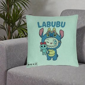 Perna Personalizata Labubu x Stitch cu Flori, 40x40 cm, Verde Menta, Husa Detasabila, Perna Inclusa, BEKZ®