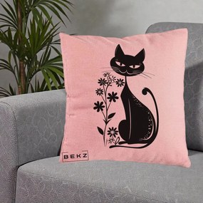 Perna Decorativa Pisica Neagra Grafica Minimalista, 40x40 cm, Roz, Husa Detasabila, Perna Inclusa, BEKZ®