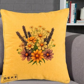 Perna Decorativa Lavanda Musetel si Flori Mov, 40x40 cm, Galben, Husa Detasabila, Perna Inclusa, BEKZ®