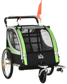 HOMCOM Fahrradanhänger 2 în 1 pentru 2 copii, funcție de împingere, protecție împotriva ploii, frână, Verde | Aosom Romania