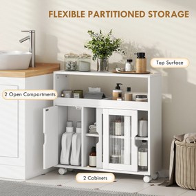 HOMCOM Dulap de Baie cu Roți, Raft Reglabil, Ușă Glisantă din Sticlă Călită, Alb | Aosom Romania