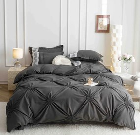 Lenjerie pat dublu, Inimi Brodate, 6 Piese, Finet Premium - Gri Inchis