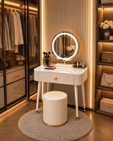 Set VICTORIA GLAM – Masă de Toaletă pentru Machiaj, cu Oglindă LED și Taburet, Accente Aurii și Blat cu efect marmură, Alb