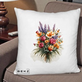 Perna Decorativa Buchet Mixt Acuarela Lavanda-Trandafiri, 40x40 cm, Alb Pufos, Husa Detasabila, Perna Inclusa, BEKZ®