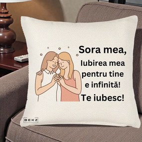 Cadou pentru Sora - Perna Personalizata Sora Mea Te Iubesc Imbratisare cu Sclipiri, 40x40 cm, Crem Reliefat, Husa Detasabila, Perna Inclusa, BEKZ®