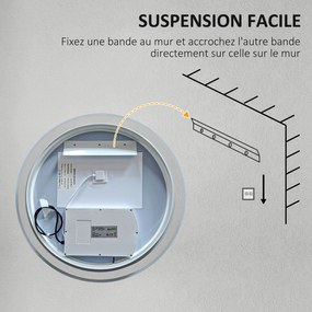 kleankin Oglindă rotundă luminată cu LED pentru baie Ø 80 cm montabil cu iluminare 3 culori comutator tactil 46W alb argintiu | Aosom Romania
