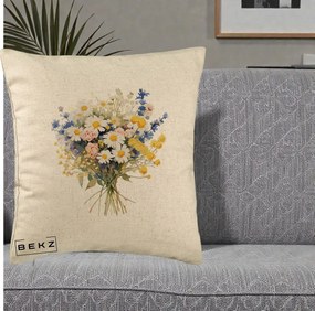 Perna Decorativa Buchet Camp Acuarela Margarete-Lavanda, 40x40 cm, Bej, Husa Detasabila, Perna Inclusa, BEKZ®