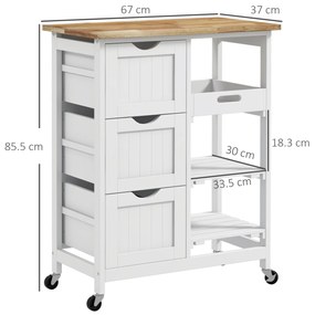HOMCOM Servitor de bucătărie cu roți blat de lucru din lemn 3 sertare + 1 blat mobil 67 x 37 x 85,5 cm alb | Aosom Romania