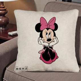 Perna Personalizata Minnie Mouse cu Fundita, 40x40 cm, Bej Canapea, Husa Detasabila, Perna Inclusa, BEKZ®