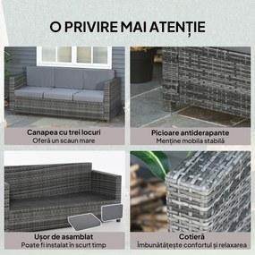 Outsunny Canapea de Exterior cu 3 Locuri din Ratan PE, Canapea cu Perne Detasabile și Structură Metalică pentru Grădină, Terasă și Balcon, 185x70x80 cm, Gri | Aosom Romania