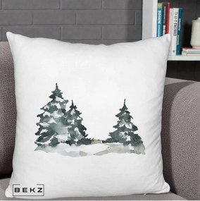 Perna Decorativa Brazi Inzapeziti Acuarela, 40x40 cm, Alb Pufos, Husa Detasabila, Perna Inclusa, BEKZ®