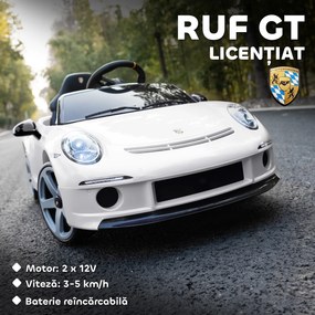 AIYAPLAY Mașină pentru Copii 3-5 Ani cu Licență Oficială RUF GT, Telecomandă, Centură de Siguranță și Muzică, Alb | Aosom Romania