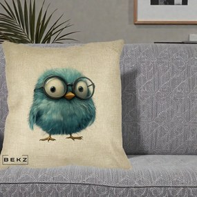 Perna Decorativa Pui Pufos Teal cu Ochelari, 40x40 cm, Crem, Husa Detasabila, Perna Inclusa, BEKZ®
