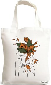 Sacosa de Panza pentru Cumparaturi, Geanta Tote, Flower Lady 6, 38x34.5 cm, Alba, BEKZ®