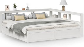 vidaXL Pat cu bibliotecă fără saltea, alb, 200x200 cm, lemn masiv pin