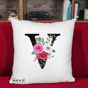 Cadou Personalizat - Perna Personalizata Monograma Florala Litera V cu Buchet, 40x40 cm, Alb Pufos, Husa Detasabila, Perna Inclusa, BEKZ®