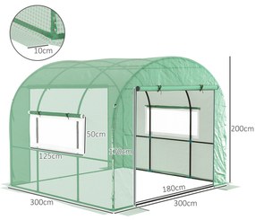 Outsunny Seră de grădină sera tunel de grădină 6m² PE Densitate înaltă 135 g/m², cu 2 uși cu fermoar 300 x 300 x 200 cm, verde | Aosom Romania