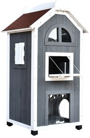 PawHut Casa pentru pisici cu pat sau litieră pentru pisici, dulap pentru pisici, toaletă pentru pisici în interior, lemn de brad, acoperiș de asfalt, Gri, 59 x 55 x 109 cm | Aosom Romania