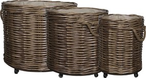 Set 3 coșuri decorative lucrate manual din ratan împletit, cu roți, 60x70 cm, „Brindille"