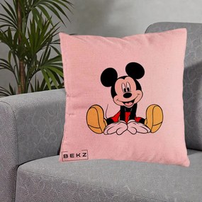 Perna Personalizata Mickey Mouse Relaxat, 40x40 cm, Roz, Husa Detasabila, Perna Inclusa, BEKZ®