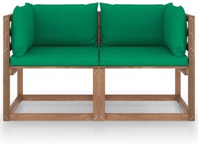 Canapea din paleti de gradina, 2 locuri, perne verzi, lemn pin