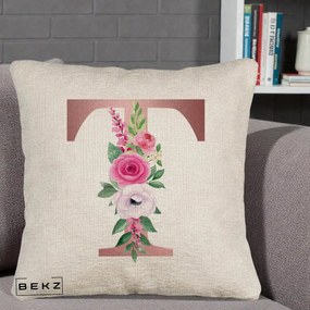 Cadou Personalizat - Perna Personalizata Monograma Rose Gold Litera T, 40x40 cm, Bej Canapea, Husa Detasabila, Perna Inclusa, BEKZ®