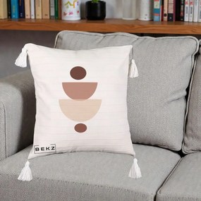 Perna Decorativa Geometric Boho Balance, 40x40 cm, Bej cu Franjuri, Husa Detasabila, Perna Inclusa, BEKZ®