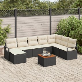 vidaXL Set canapele de grădină, 9 piese, cu perne, rattan poliester negru, acacia.