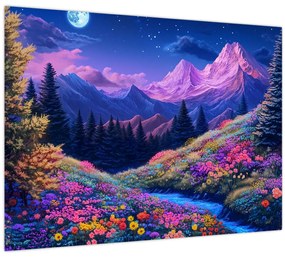 Tablou pe sticlă - Peisaj violet la lună plină (70x50 cm)