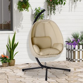 Outsunny Fotoliu suspendat, Scaun leagăn în formă de ou cu pernă moale, potrivit pentru interior și exterior, 125L x 95L x 170Î cm, Khaki | Aosom Romania