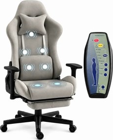 RESIGILAT- Scaun Gaming cu Masaj 7 Puncte și Încălzire, Telecomanda, Cotiere 3D, Reclinare 180°, Suport Picioare, Catifea, Gri