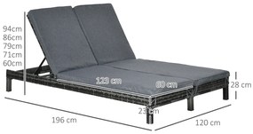Set Sezlong cu 2 locuri și 2 perne captusite, husa impermeabila, din PE Ratan, Cadru in otel, Gri 195x120x28cm Outsunny | Aosom Romania