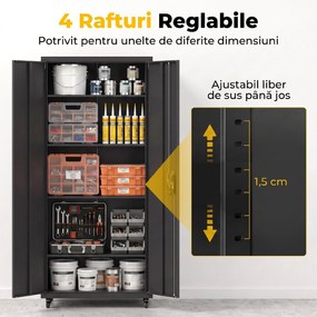 HOMCOM Dulap Metalic pentru Depozitare, Oțel, Încuietoare, Roți Detașabile și Rafturi Reglabile, 80x40x180 cm, Negru | Aosom Romania