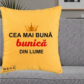 Cadou pentru Bunica - Perna Personalizata Cea Mai Buna Bunica Din Lume Coroana Aurie, 40x40 cm, Galben, Husa Detasabila, Perna Inclusa, BEKZ®