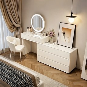 Set AUDREY ELEGANCE – Masă de Toaletă pentru Machiaj cu Oglindă iluminată LED, Control Touch, Comodă, Scaun, Alb