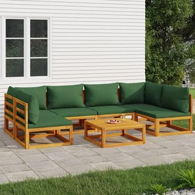 Set mobilier de gradina cu perne verzi, 7 piese, lemn masiv