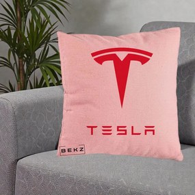 Perna Personalizata cu emblema Tesla, 40x40 cm, Roz, Husa Detasabila, Perna Inclusa, BEKZ®
