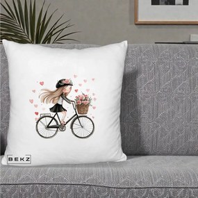 Perna Decorativa Fetita Kawaii pe Bicicleta cu Trandafiri si Inimioare, 40x40 cm, Alb Pufos, Husa Detasabila, Perna Inclusa, BEKZ®