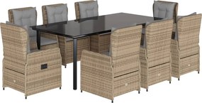 vidaXL Set de masă pentru grădină, 9 piese, cu perne, bej, poliratan