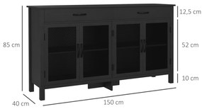 HOMCOM Bufet jos mobilier de depozitare 4 uși cu polițe reglabile și 2 sertare stil industrial 150 x 40 x 85 cm negru | Aosom Romania