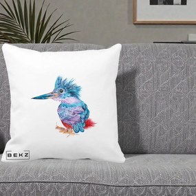 Perna Decorativa Pasare Martin Pescar Acuarela Albastru-Mov, 40x40 cm, Alba Mata, Husa Detasabila, Perna Inclusa, BEKZ®