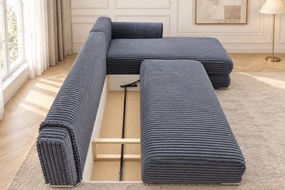 Colțar extensibil Sienna Mini din stofă raiată, gri, colț pe dreapta, cu ladă de depozitare