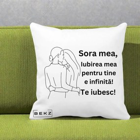 Cadou pentru Sora - Perna Personalizata Sora Mea Te Iubesc Imbratisare din Spate Line Art, 40x40 cm, Alba Mata, Husa Detasabila, Perna Inclusa, BEKZ®