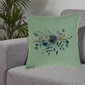 Perna Decorativa Buchet Flori Albastre Acuarela, 40x40 cm, Verde, Husa Detasabila, Perna Inclusa, BEKZ®