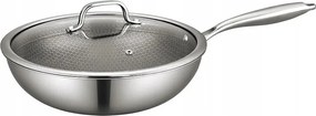 Tigaie wok cu capac Swiss Haus SteelCRAFT SH-ZGW30, 30 cm, 4,8 l, Interior cu relief pentru prajire, Acoperire ceramica Sapphire, Cuptor pana la 260°C, Pentru toate plitele inclusiv inductie, Argintiu